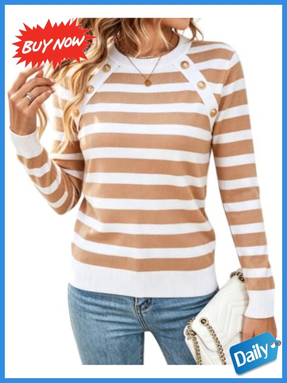 Womens Striped Crew Neck Knit Pullover Sweater with Gold Buttons